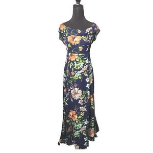 Chocolate Floral Maxi Dress  Blue Orange Flowers Ruffle Neckline Party Size S